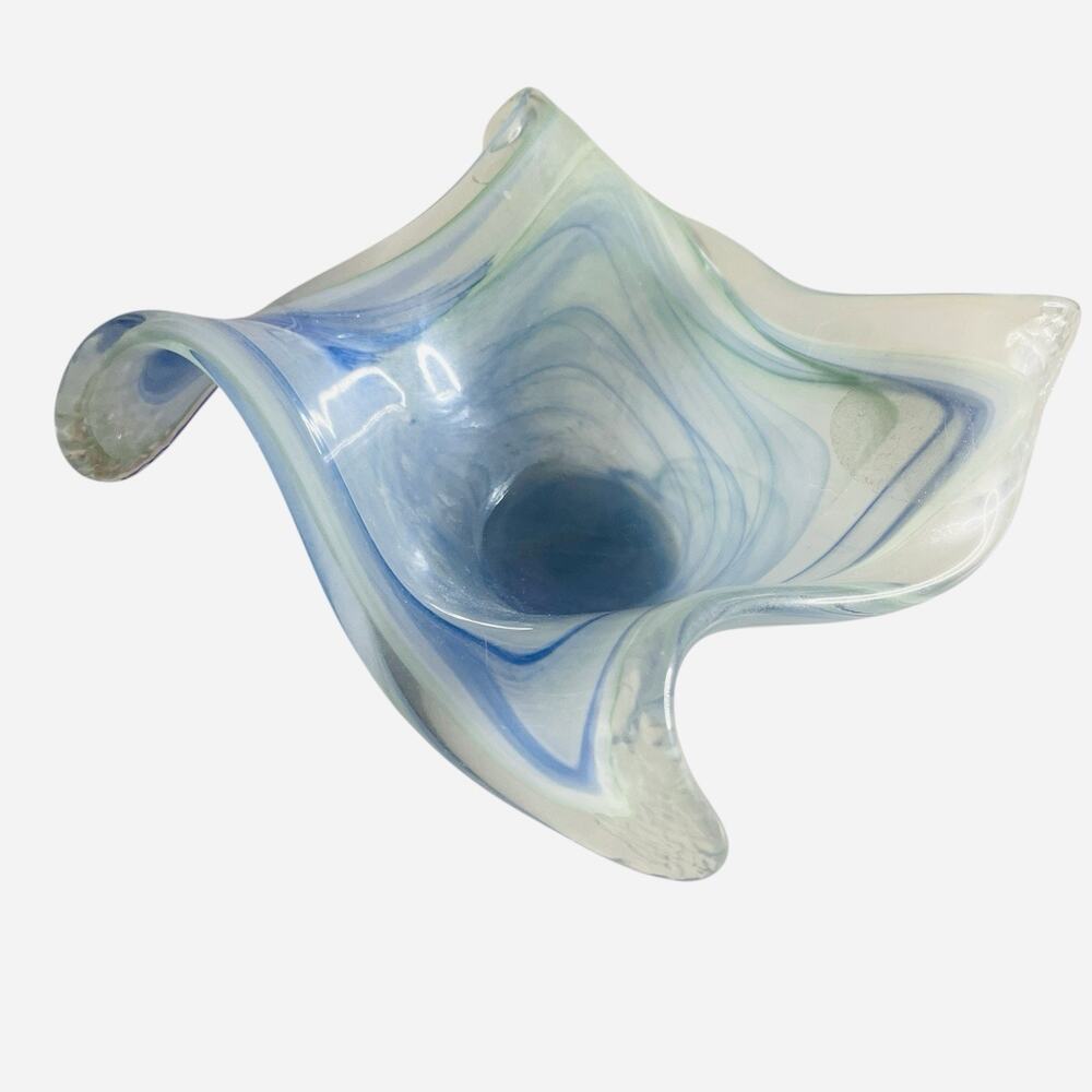 Murano Style Italy Blue Swirl Art Glass Starfish Bowl 9" Clear Rim Artisan
